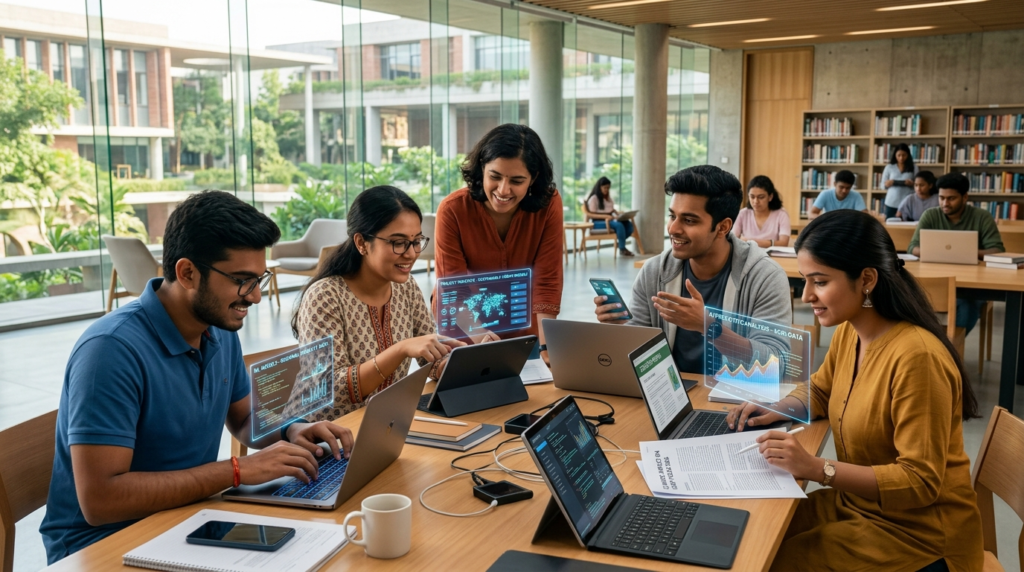 Diverse Indian students using free AI tools like ChatGPT and Gemini for studying in a modern university library in 2026