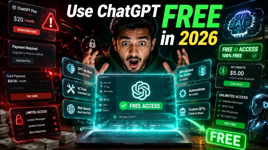 Person using ChatGPT free version on laptop in 2026 without subscription using AI tools for content writing and research